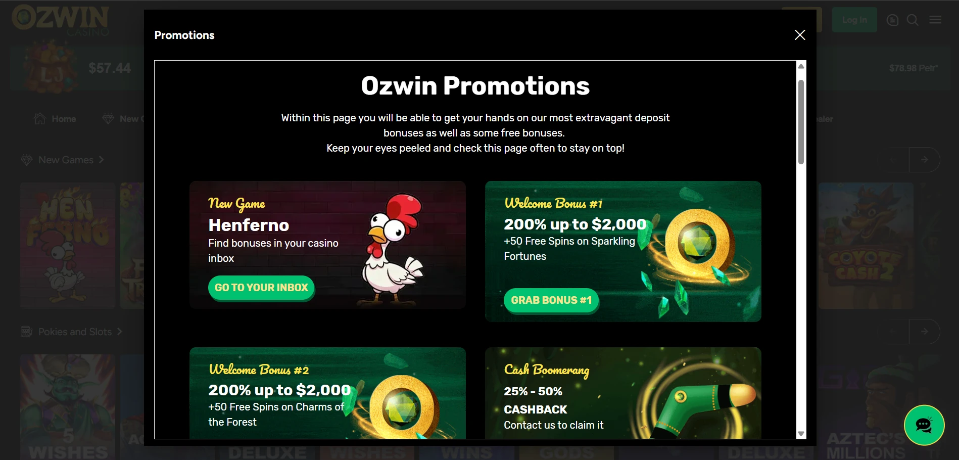 Ozwin promotions page with the current welcome offer