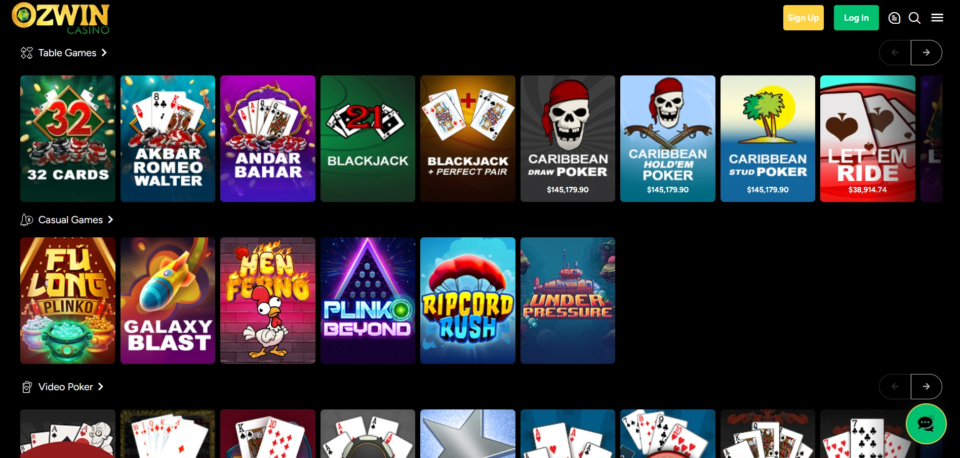 Ozwin games lobby seen from a new account